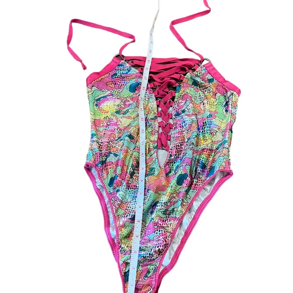 HTF Club Exx Hot Pink & Green Foil Lace Up Rivet Strappy Rave Halter Bodysuit - Picture 14 of 15